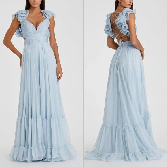 Mac Duggal 67911‎ Size 8 Light Blue Indy Ruffle Tiered Chiffon Gown Maxi Dress - Picture 2 of 2